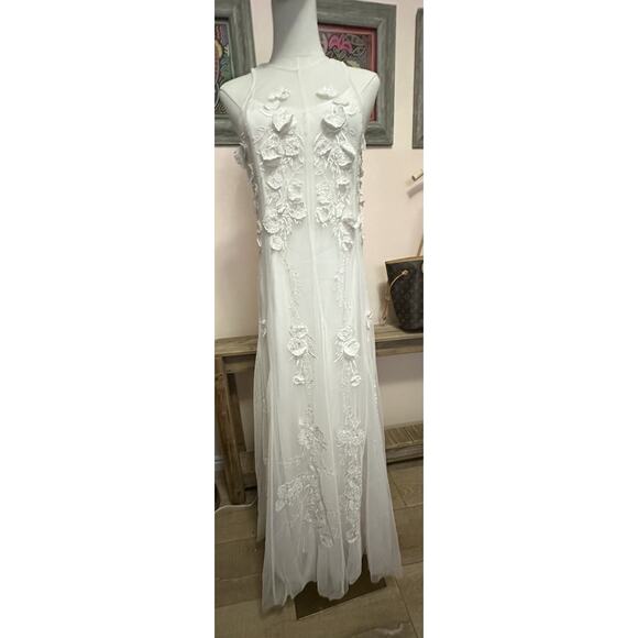 BHLDN NWT Ivory Calla Sleeveless Tulle Floral Applique Maxi Dress Size Medium - Picture 2 of 15